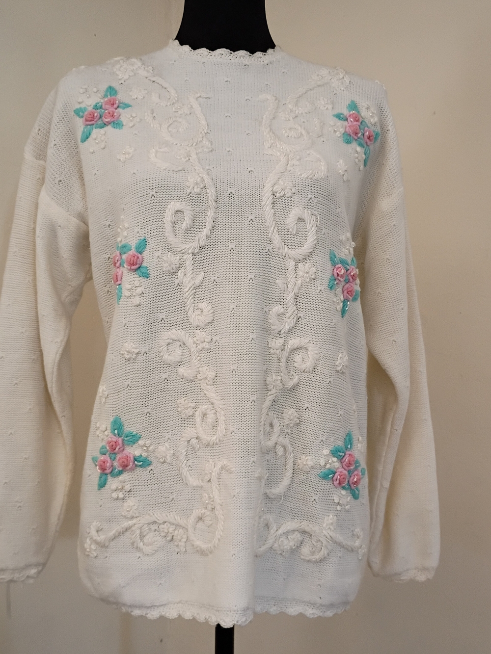 Women's Cream Embroidered Floral Crewneck Sweater